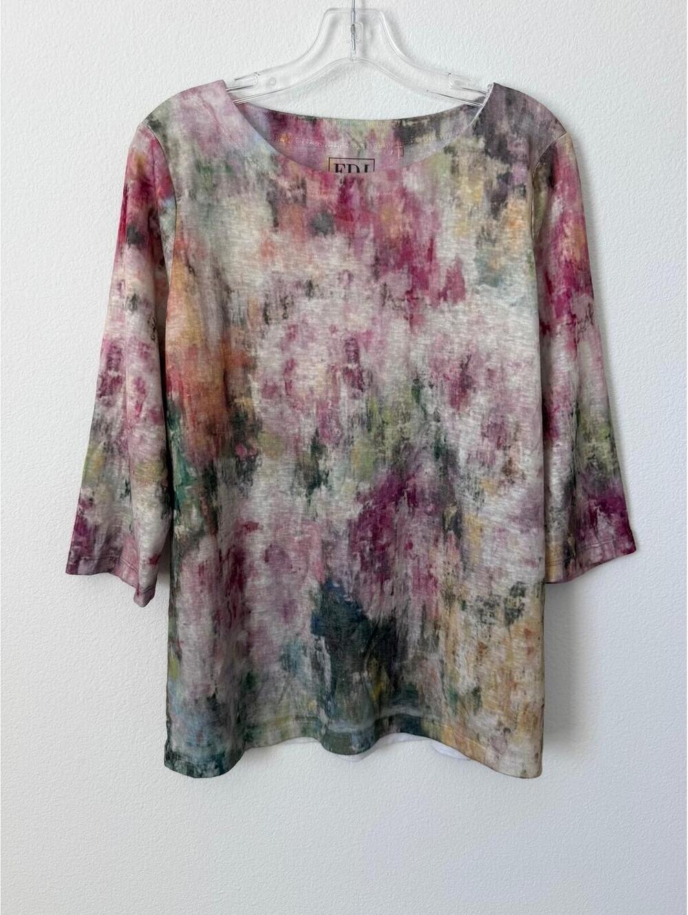 FDJ 3/4 Sleeve Round Neck Multicolor Tie Dye Knit Blouse Women's Size L
